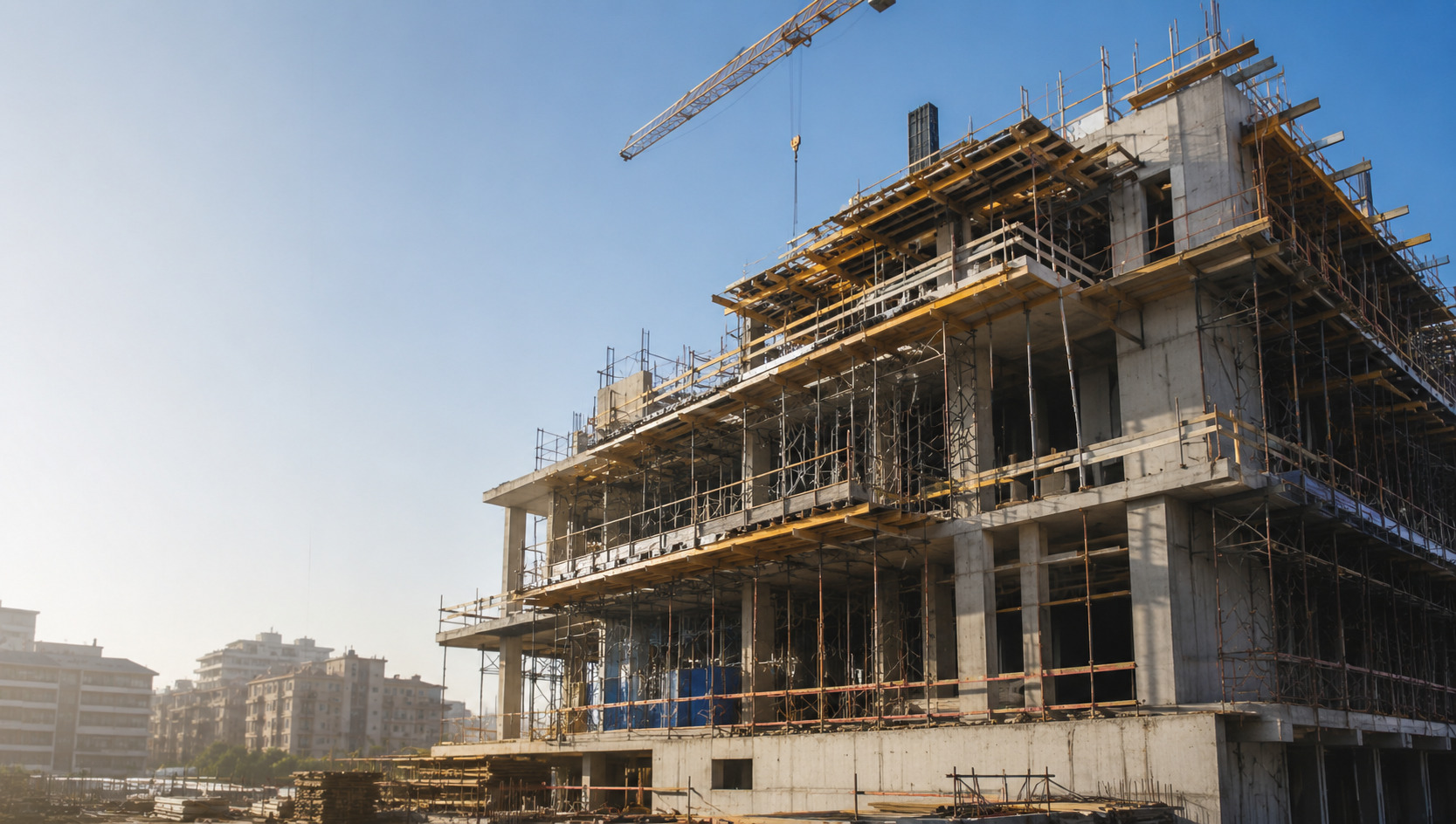 Cantiere per la costruzione di un nuovo edificio residenziale in cemento armato.